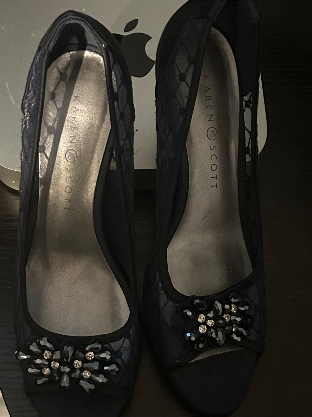 Karen Scott Navy Jeweled Peep-Toe Heels